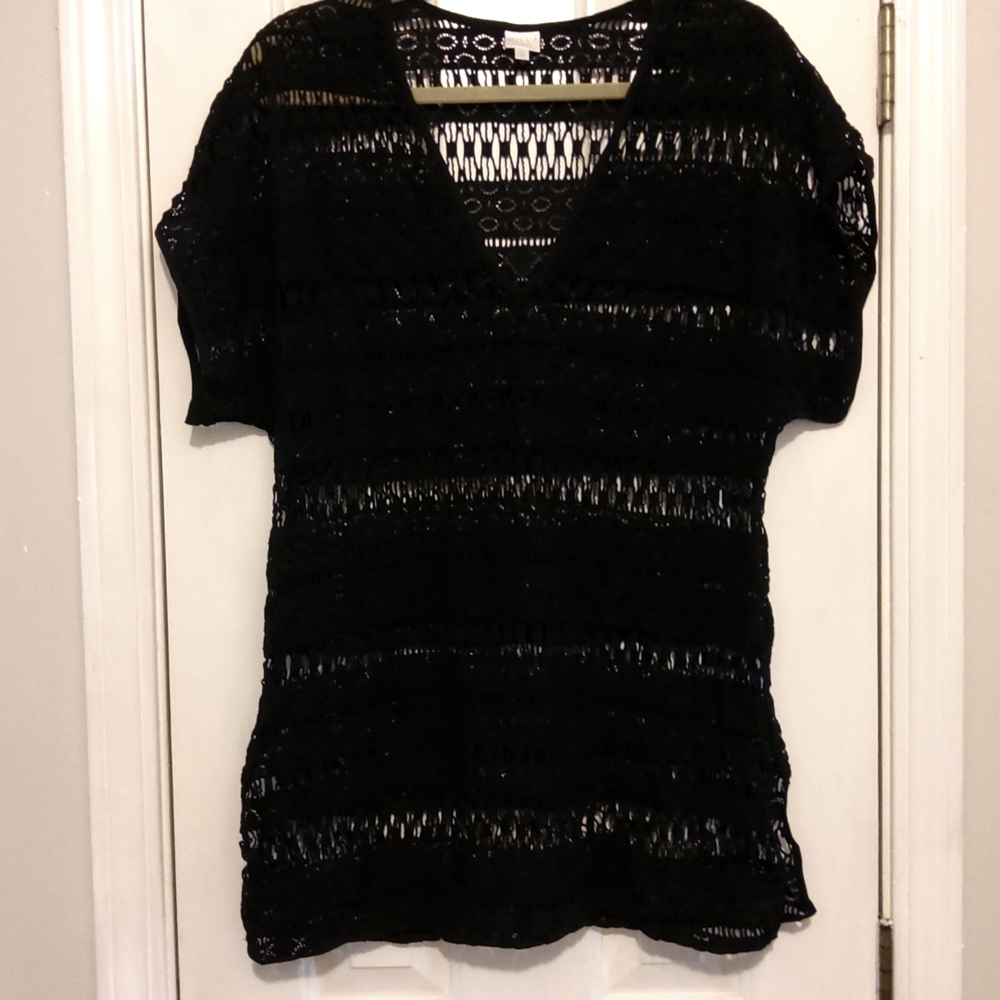 MILLY💥Nwot💥Cabana Black Short-sleeve Crocheted Swimsuit Cover-up